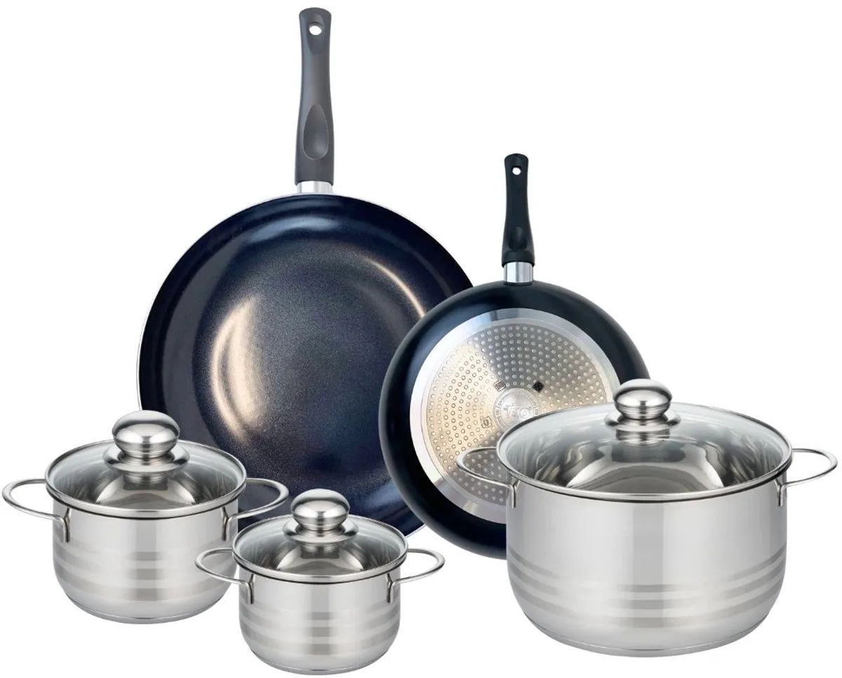 Set van 2 Koekenpannen 24 en 32 cm en 3 kookpotten 14, 16 en 24 cm Elo Prima Glanzend von Fackelmann in Schwarz – Produktfoto