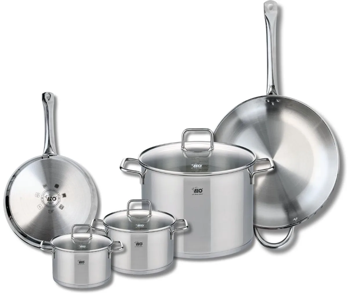 Set van 2 Koekenpannen 24 en 32 cm en 3 Kookpotten 14, 16 en 26 cm Elo Profi Citrin von Fackelmann in Grau – Produktfoto