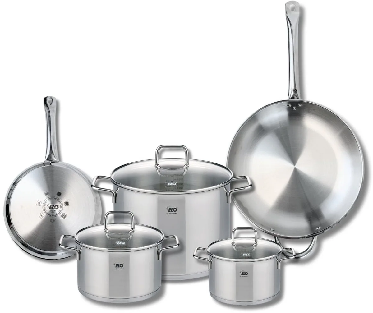 Set van 2 Koekenpannen 24 en 32 cm en 3 kookpotten 16, 20 en 26 cm Elo Profi Citrin von Fackelmann in Grau – Produktfoto