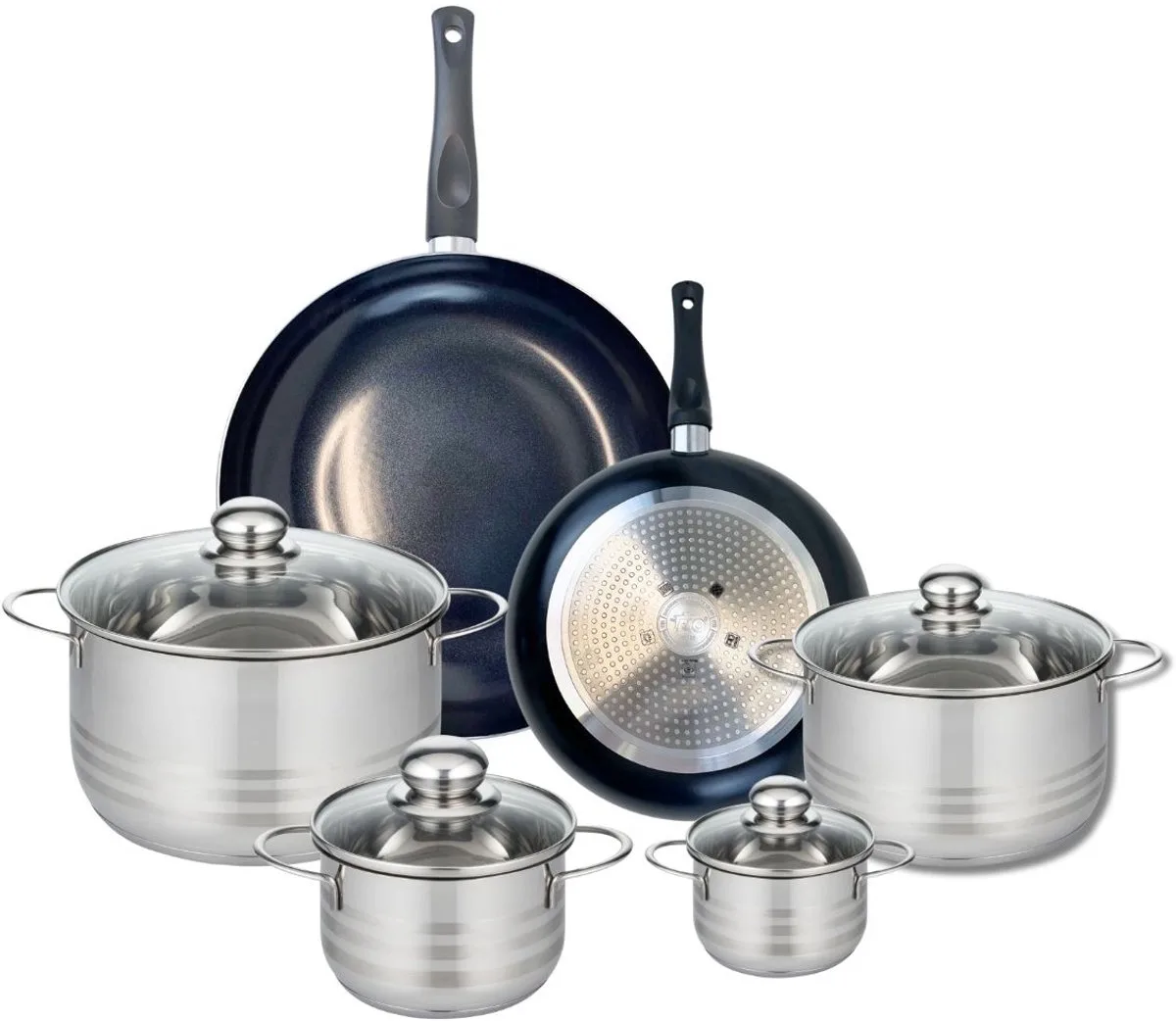 Set van 2 Koekenpannen 24 en 32 cm en 4 kookpotten 12, 16, 20 en 24 cm Elo Prima Glanzend de Fackelmann en Noir – photo produit
