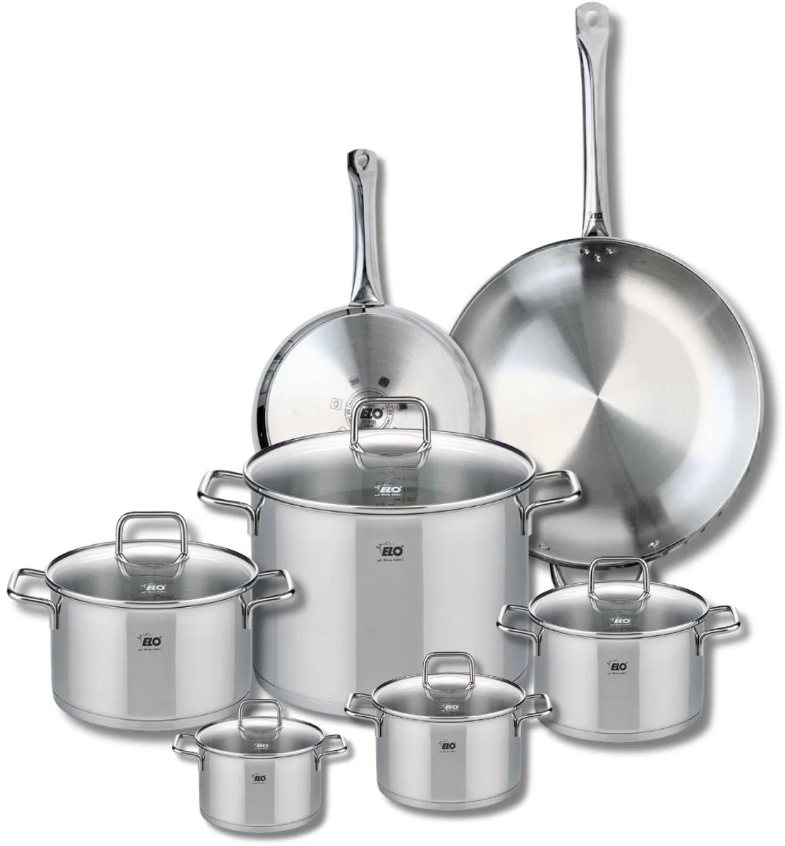 Set van 2 Koekenpannen 24 en 32 cm en 5 braadpannen 12, 14, 16, 20 en 26 cm Elo Profi Citrin de Fackelmann en Gris – photo produit