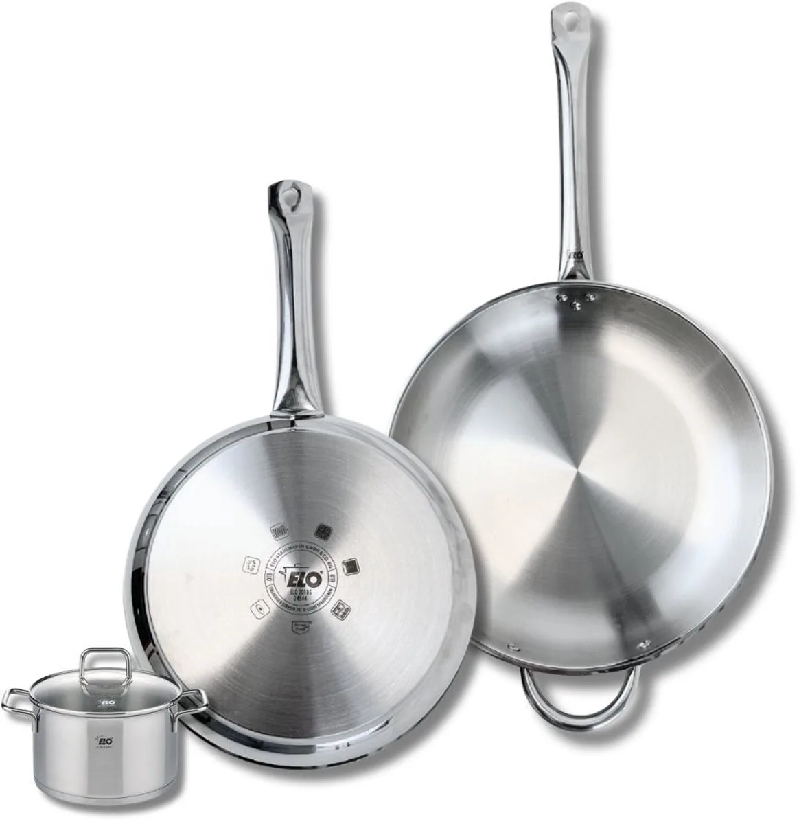 Set van 2 Koekenpannen 28 en 32 cm en 1 braadpan 12 cm Elo Profi Citrin van Fackelmann in Roestvrij staal – productfoto