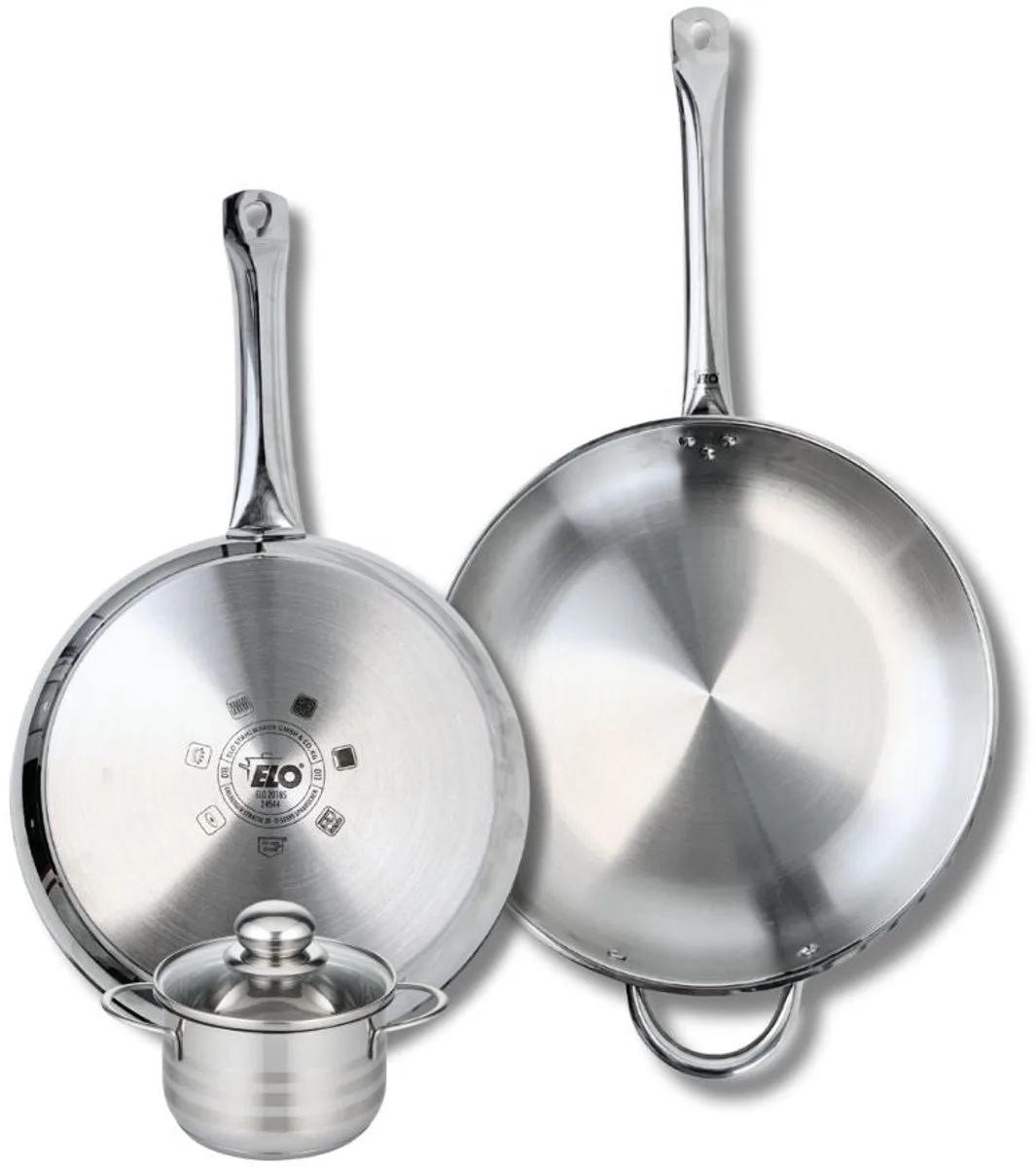 Set van 2 Koekenpannen 28 en 32 cm en 1 braadpan 12 cm Elo Profi Brillant från Fackelmann i Roestvrij staal – produktbild