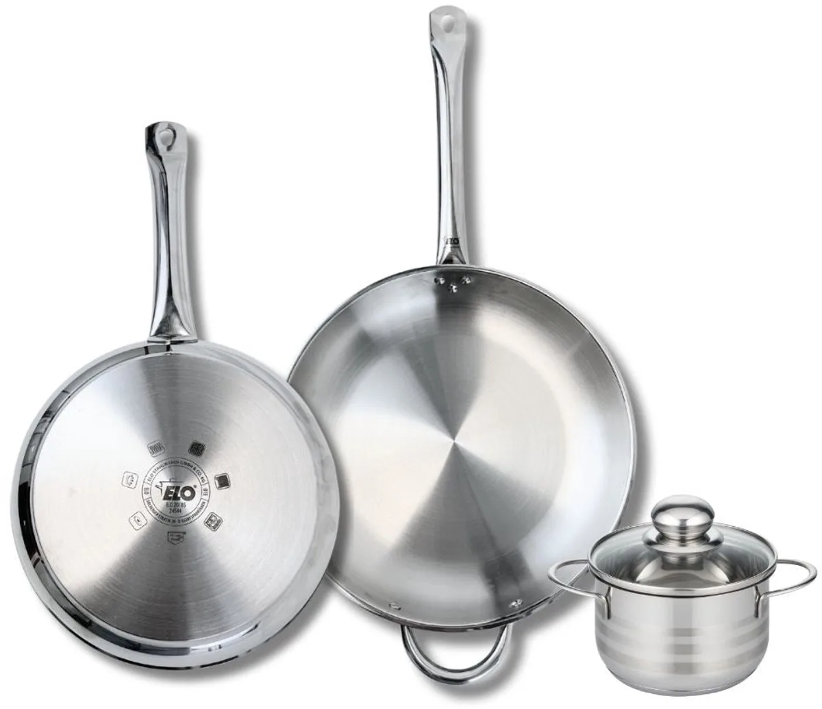 Set van 2 Koekenpannen 28 en 32 cm en 1 braadpan 14 cm Elo Profi Brillant de Fackelmann en Roestvrij staal – photo produit