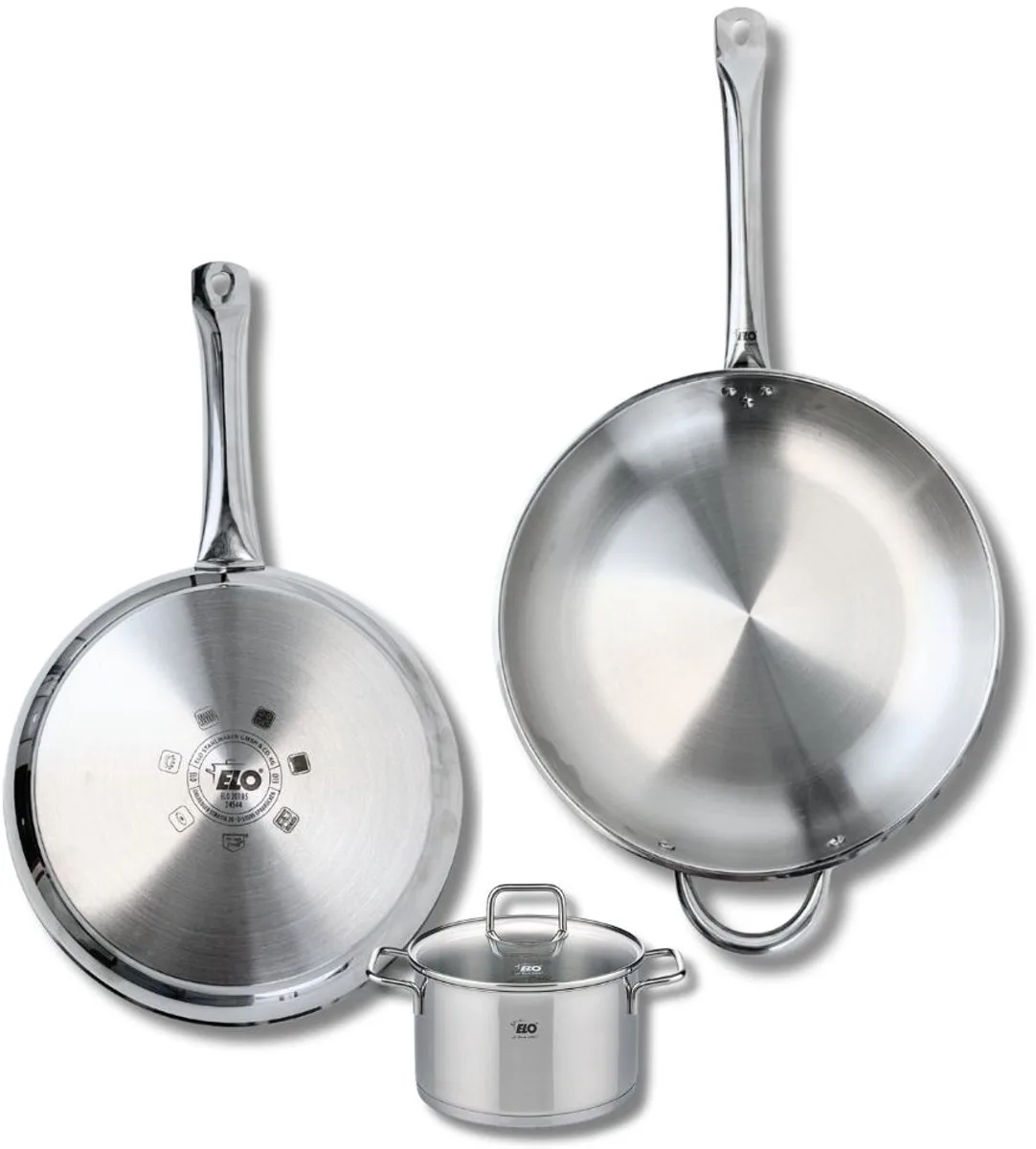 Set van 2 Koekenpannen 28 en 32 cm en 1 braadpan 14 cm Elo Profi Citrin de Fackelmann en Roestvrij staal – photo produit