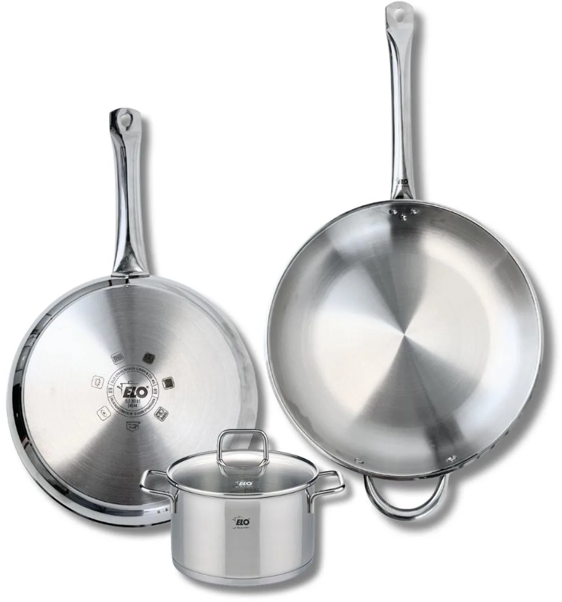 Set van 2 Koekenpannen 28 en 32 cm en 1 braadpan 16 cm Elo Profi Citrin van Fackelmann in Roestvrij staal – productfoto