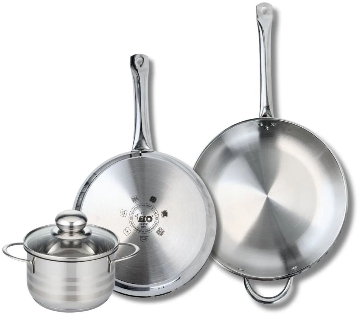 Set van 2 Koekenpannen 28 en 32 cm en 1 braadpan 16 cm Elo Profi Brillant från Fackelmann i Roestvrij staal – produktbild