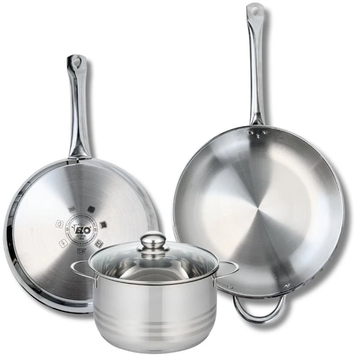 Set van 2 Koekenpannen 28 en 32 cm en 1 braadpan 20 cm Elo Profi Brillant från Fackelmann i Roestvrij staal – produktbild