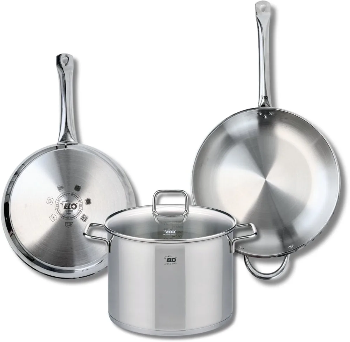 Set van 2 Koekenpannen 28 en 32 cm en 1 braadpan 26 cm Elo Profi Citrin de Fackelmann en Roestvrij staal – photo produit