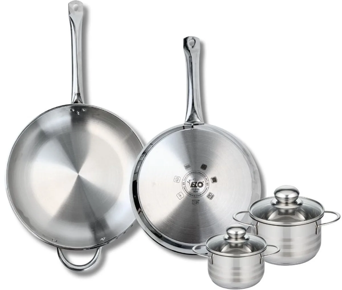 Set van 2 Koekenpannen 28 en 32 cm en 2 kookpotten 12 en 14 cm Elo Profi Brillant från Fackelmann i Roestvrij staal – produktbild