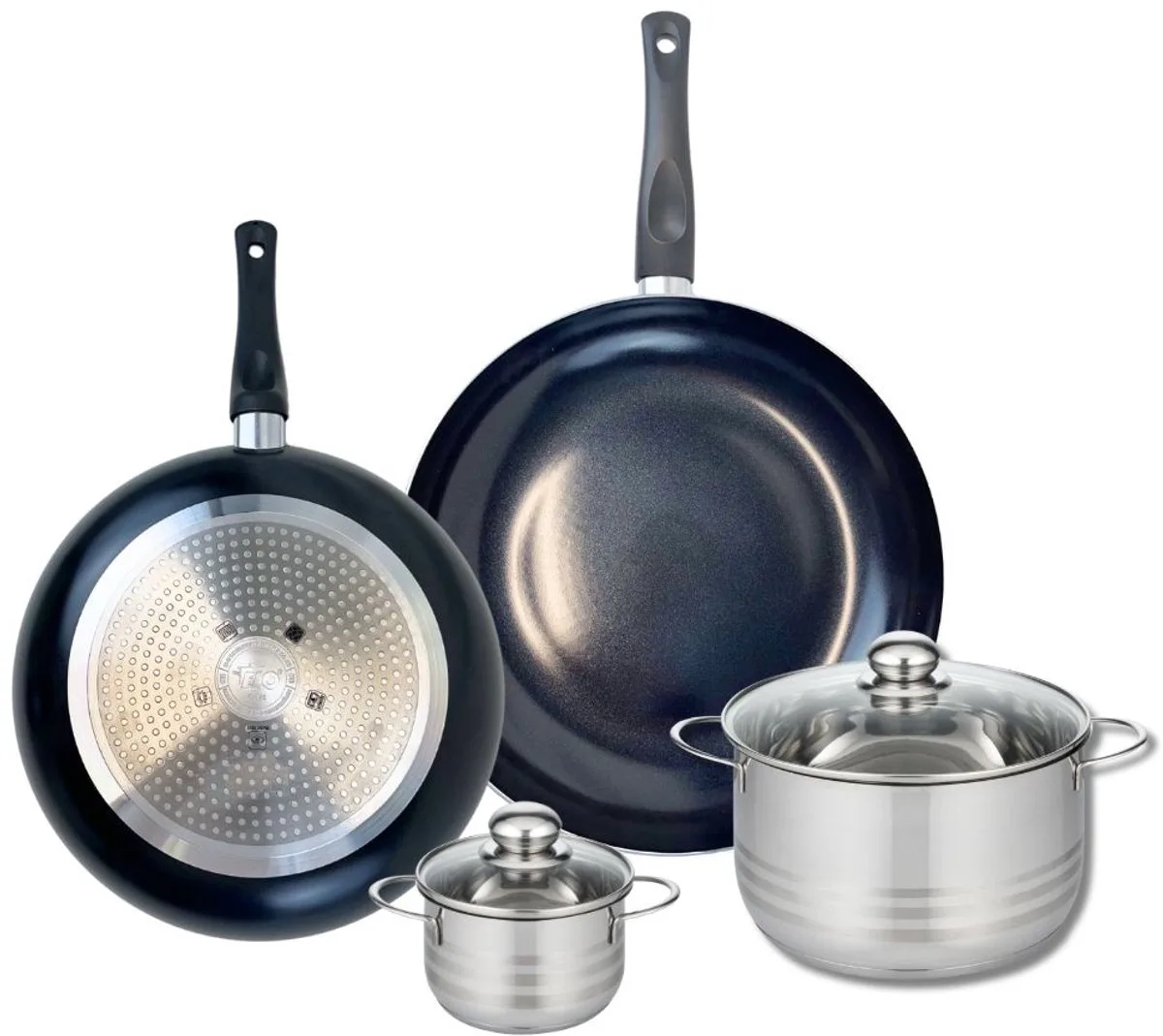 Set van 2 Koekenpannen 28 en 32 cm en 2 kookpotten 12 en 20 cm Elo Prima Glanzend van Fackelmann in Zwart – productfoto