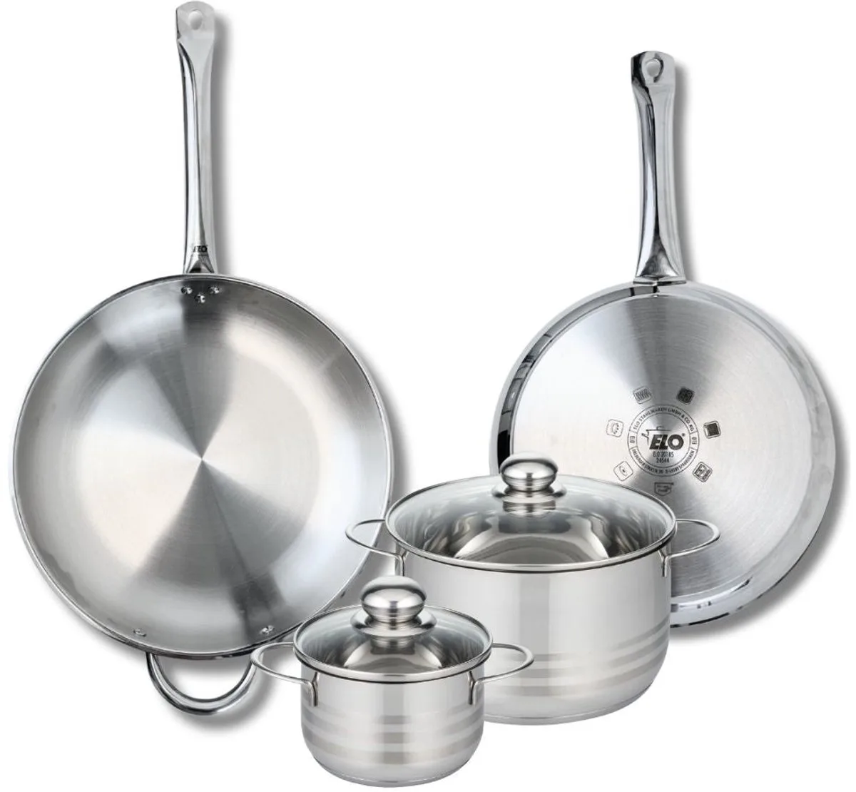 Set van 2 Koekenpannen 28 en 32 cm en 2 kookpotten 14 en 20 cm Elo Profi Brillant från Fackelmann i Roestvrij staal – produktbild