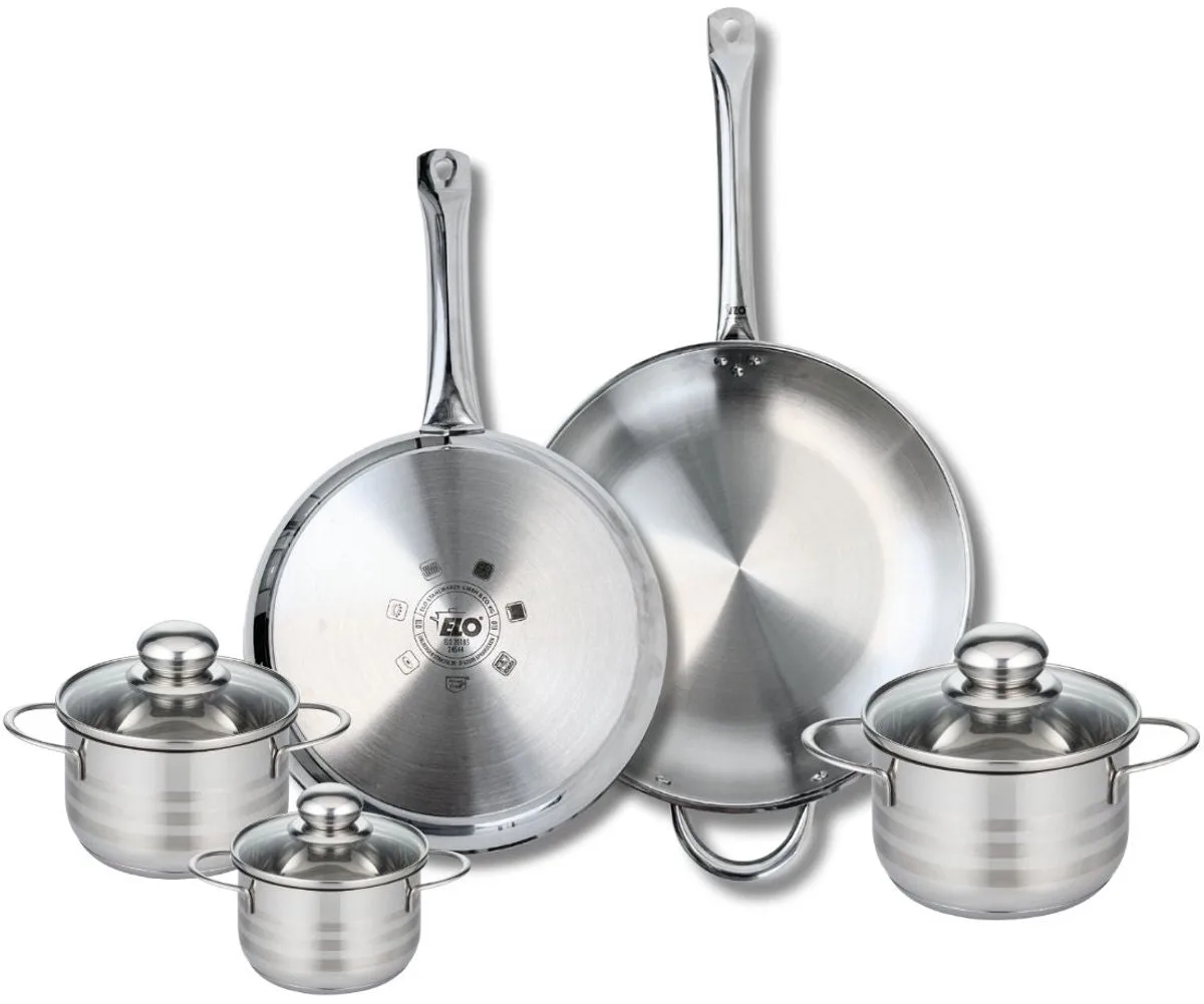 Set van 2 Koekenpannen 28 en 32 cm en 3 kookpotten 12, 14 en 16 cm Elo Profi Brillant van Fackelmann in Roestvrij staal – productfoto