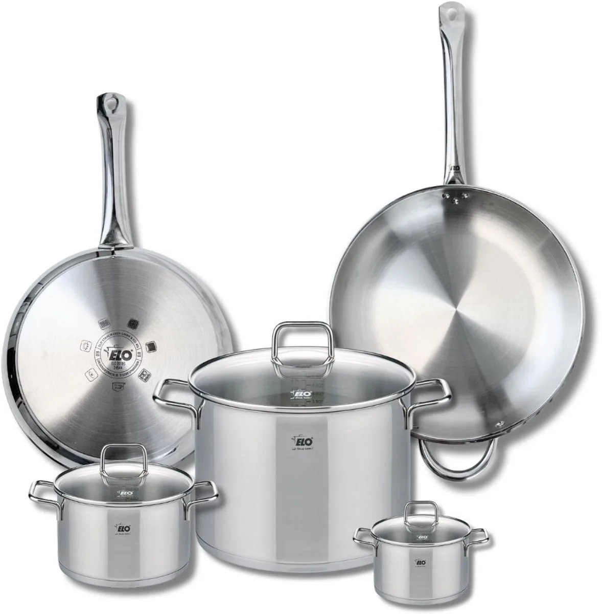 Set van 2 Koekenpannen 28 en 32 cm en 3 kookpotten 12, 16 en 26 cm Elo Profi Citrin från Fackelmann i Roestvrij staal – produktbild