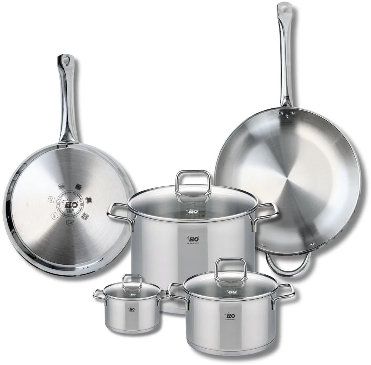 Set van 2 Koekenpannen 28 en 32 cm en 3 Kookpotten 12, 20 en 26 cm Elo Profi Citrin van Fackelmann in Roestvrij staal – productfoto