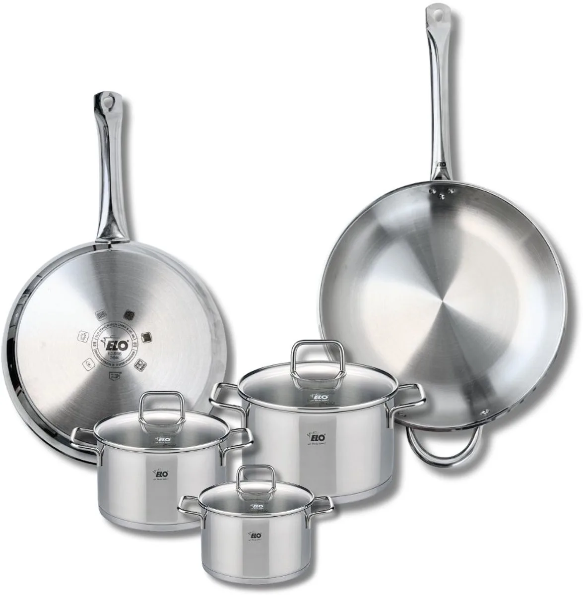 Set van 2 Koekenpannen 28 en 32 cm en 3 kookpotten 14, 16 en 20 cm Elo Profi Citrin van Fackelmann in Roestvrij staal – productfoto