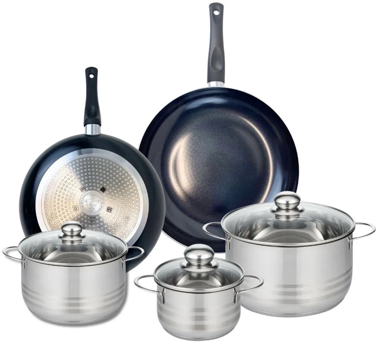 Set van 2 Koekenpannen 28 en 32 cm en 3 kookpotten 14, 20 en 24 cm Elo Prima Glanzend van Fackelmann in Zwart – productfoto