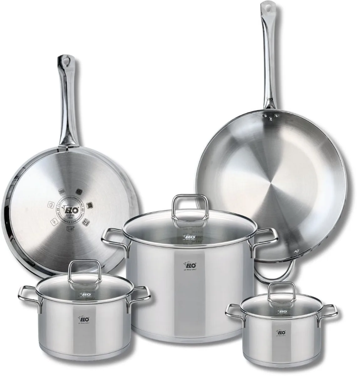 Set van 2 Koekenpannen 28 en 32 cm en 3 Kookpotten 16, 20 en 26 cm Elo Profi Citrin de Fackelmann en Roestvrij staal – photo produit