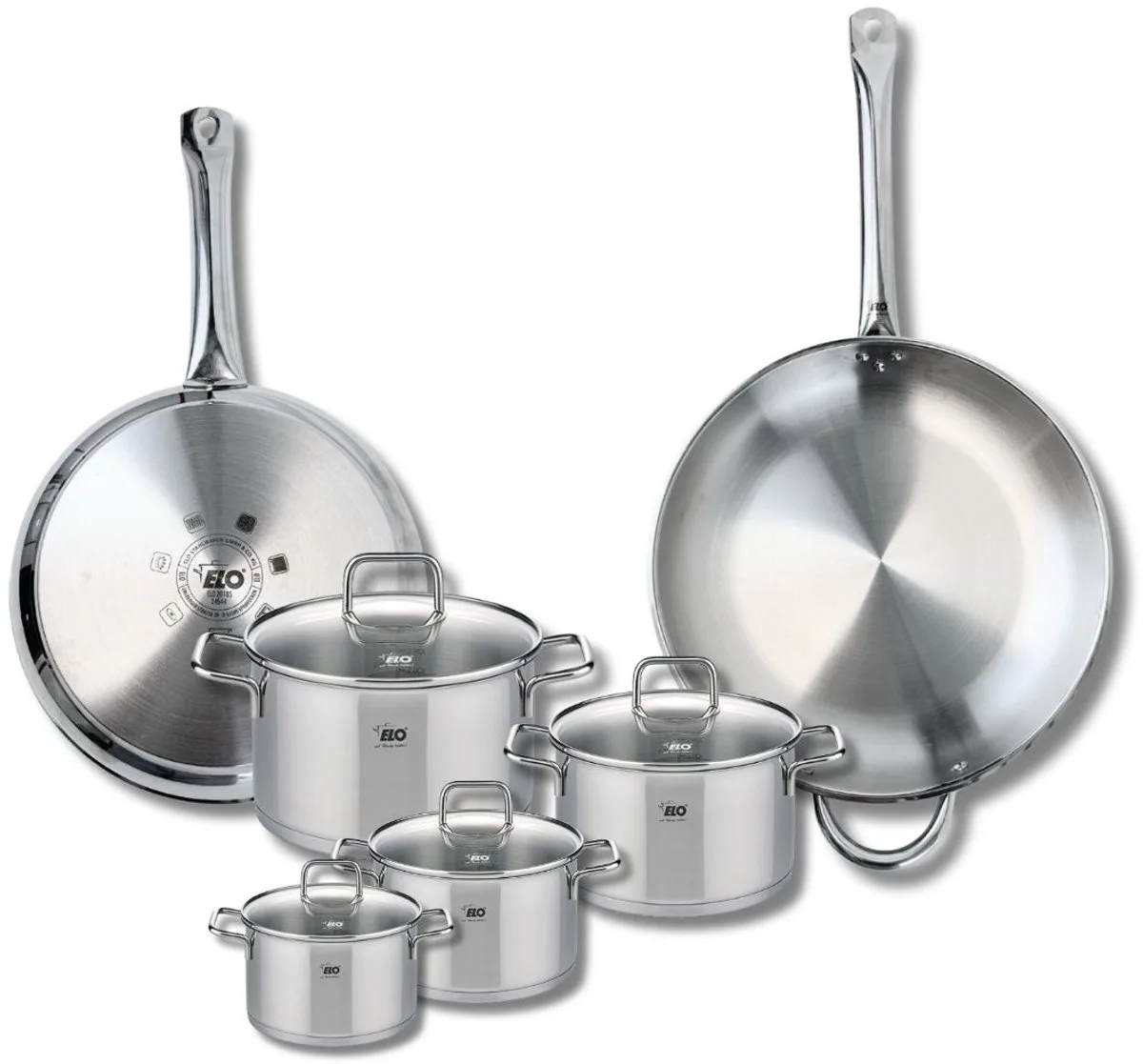 Set van 2 Koekenpannen 28 en 32 cm en 4 kookpotten 12, 14, 16 en 20 cm Elo Profi Citrin från Fackelmann i Roestvrij staal – produktbild