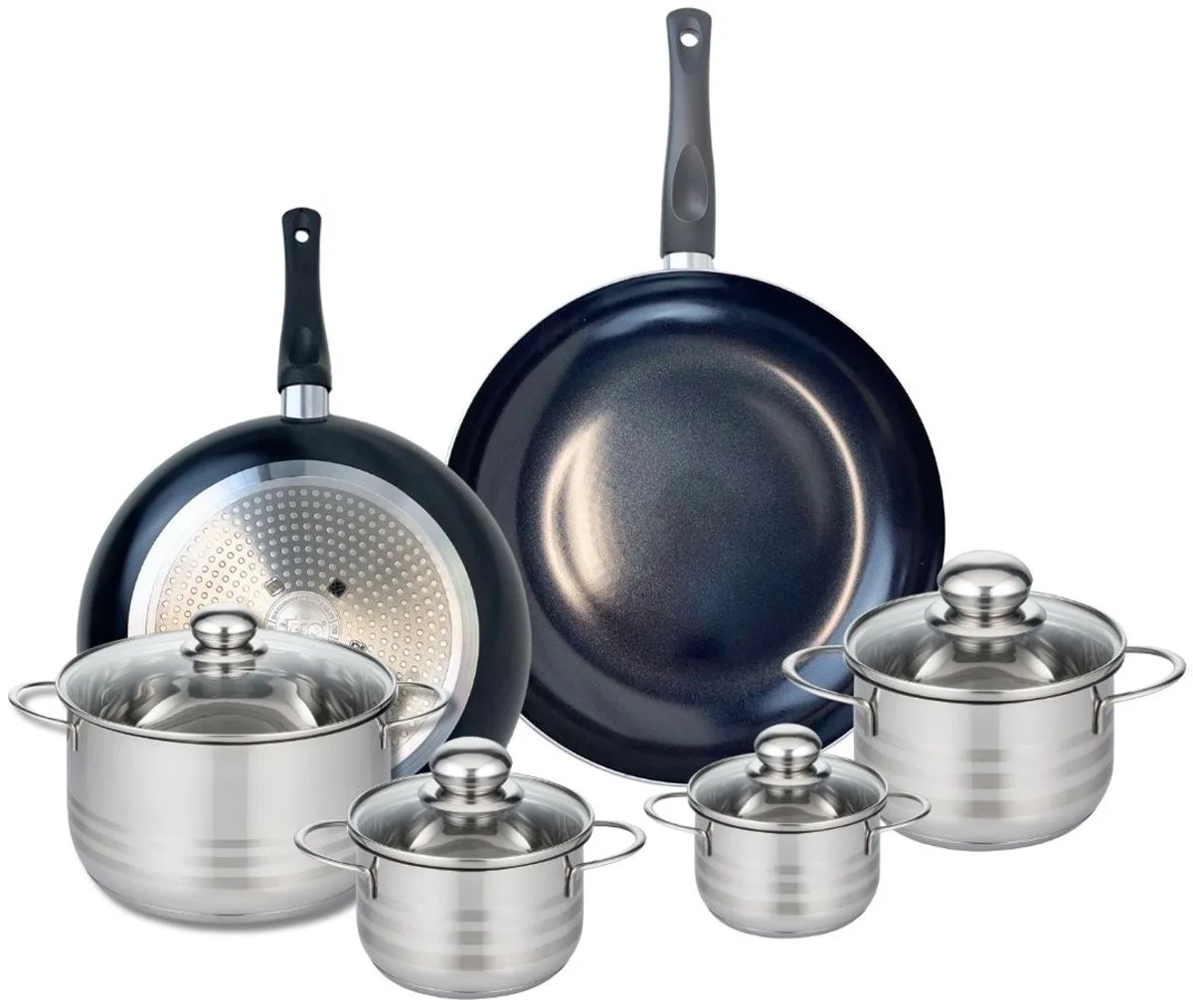 Set van 2 Koekenpannen 28 en 32 cm en 4 kookpotten 12, 14, 16 en 20 cm Elo Prima Brillant van Fackelmann in Zwart – productfoto