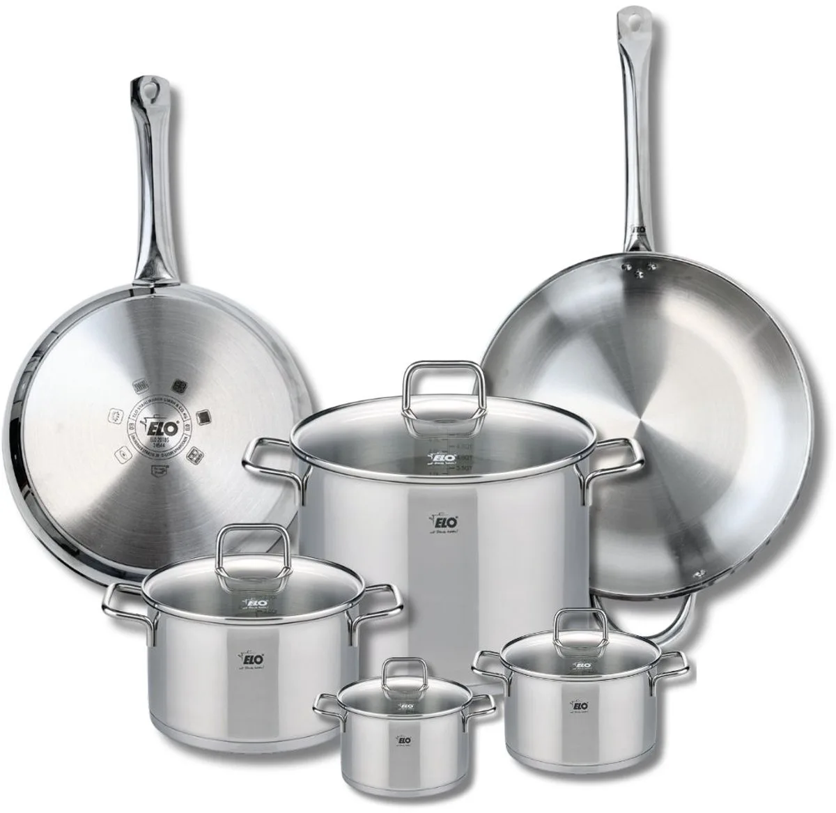 Set van 2 Koekenpannen 28 en 32 cm en 4 kookpotten 12, 14, 20 en 26 cm Elo Profi Citrin de Fackelmann en Roestvrij staal – photo produit