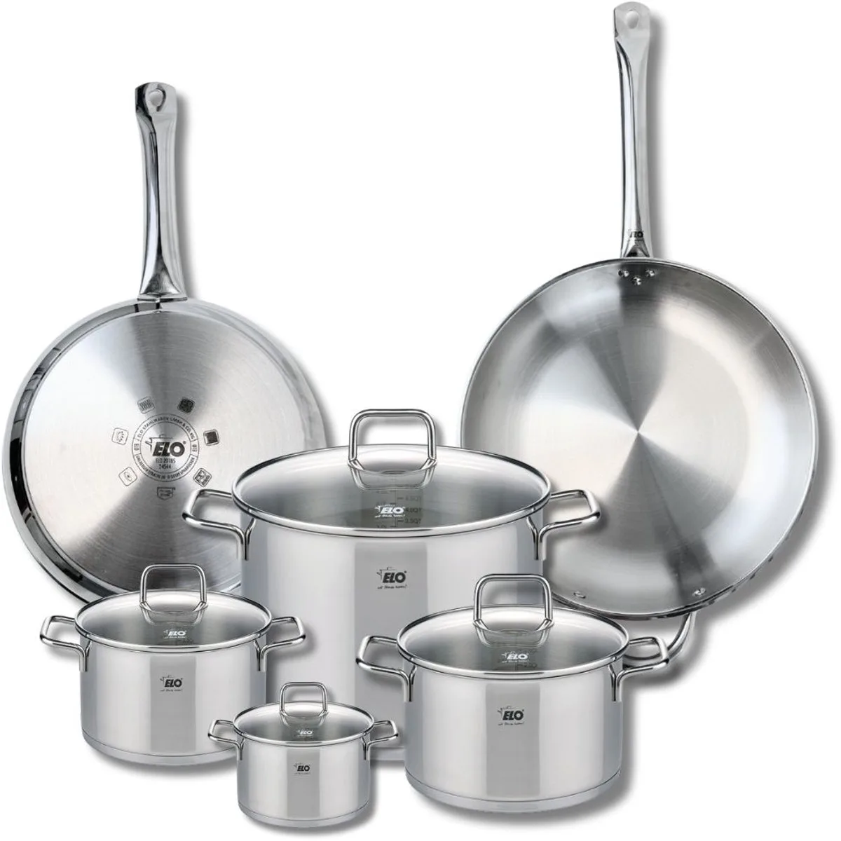 Set van 2 Koekenpannen 28 en 32 cm en 4 kookpotten 12, 16, 20 en 26 cm Elo Profi Citrin van Fackelmann in Roestvrij staal – productfoto