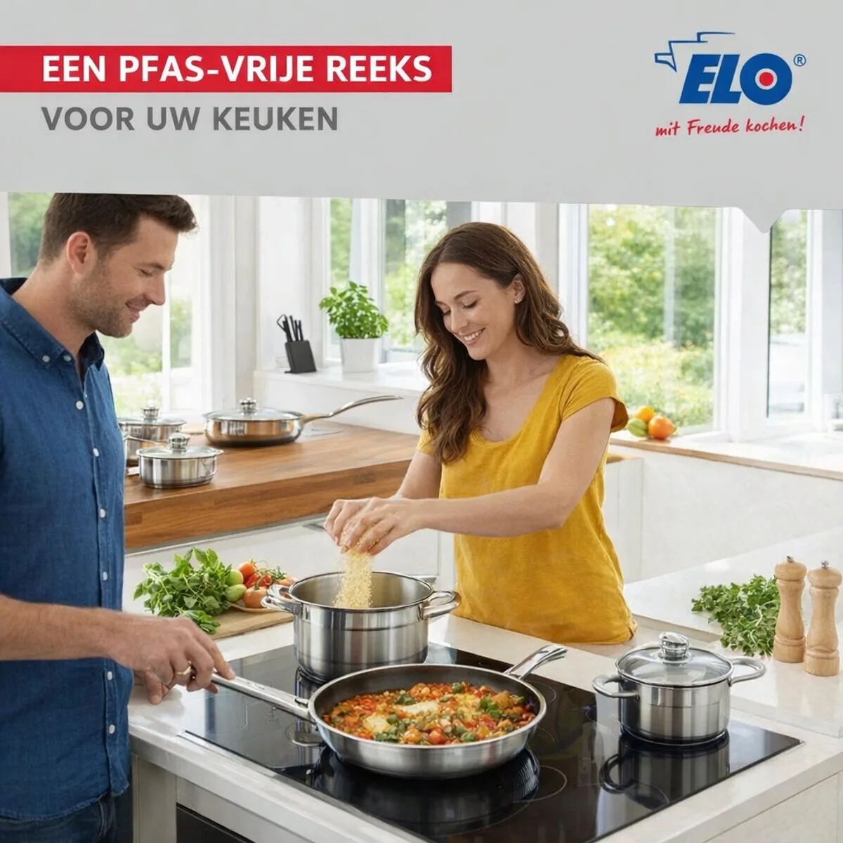 Set van 2 Koekenpannen 28 en 32 cm en 4 kookpotten 14, 16, 20 en 24 cm Elo Profi Brillant van Fackelmann in Roestvrij staal – productfoto