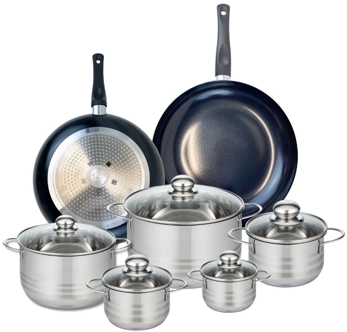 Set van 2 Koekenpannen 28 en 32 cm en 5 braadpannen 12, 14, 16, 20 en 24 cm Elo Prima Glanzend van Fackelmann in Zwart – productfoto
