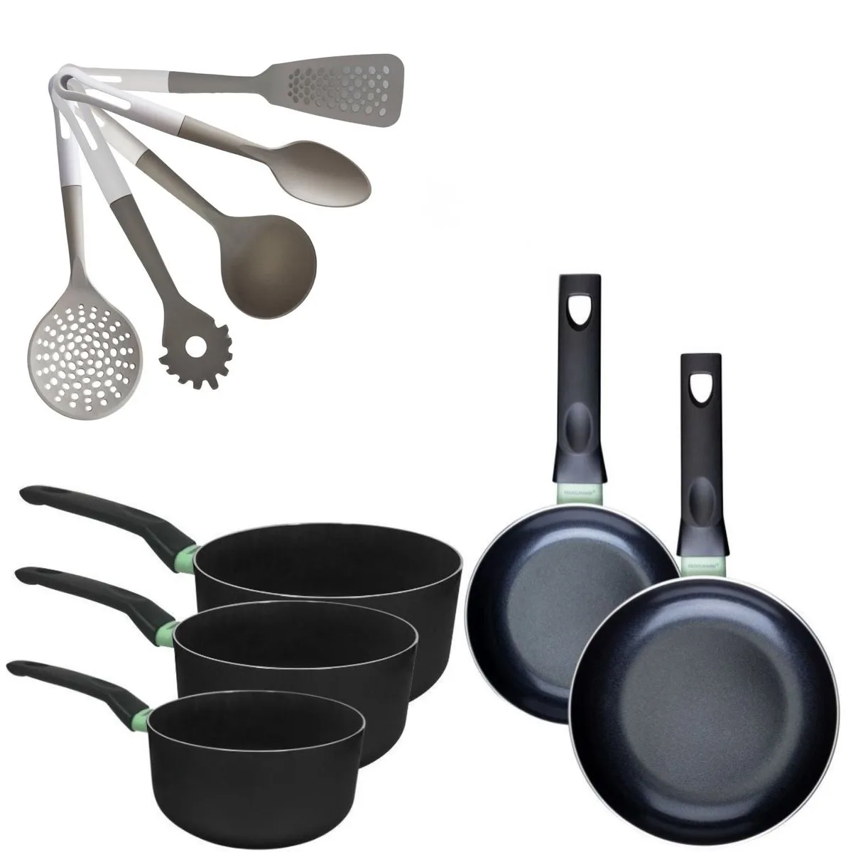 Set van 2 pannen 16/20 cm en 3 kookpotten 16/18/20 cm Fackelmann Brandao met 5 Vario keukengerei fra Fackelmann i Sort, Grøn – produktbillede