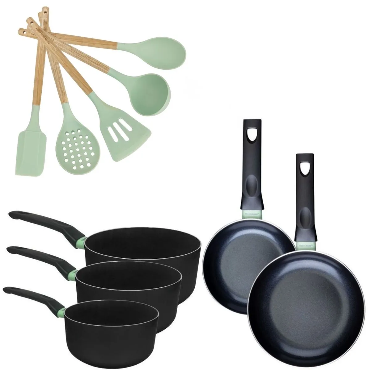 Set van 2 Pannen 16/20cm en 3 Kookpotten 16/18/20cm Fackelmann Brandao met 5 Ocean keukengerei fra Fackelmann i Sort, Grøn – produktbillede