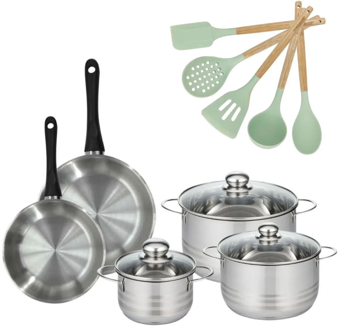 Set van 2 Pannen 20/24cm en 3 Kookpotten 16/20/24cm Fackelmann Genève met 5 Ocean keukengerei de Fackelmann en Roestvrij staal, Noir – photo produit