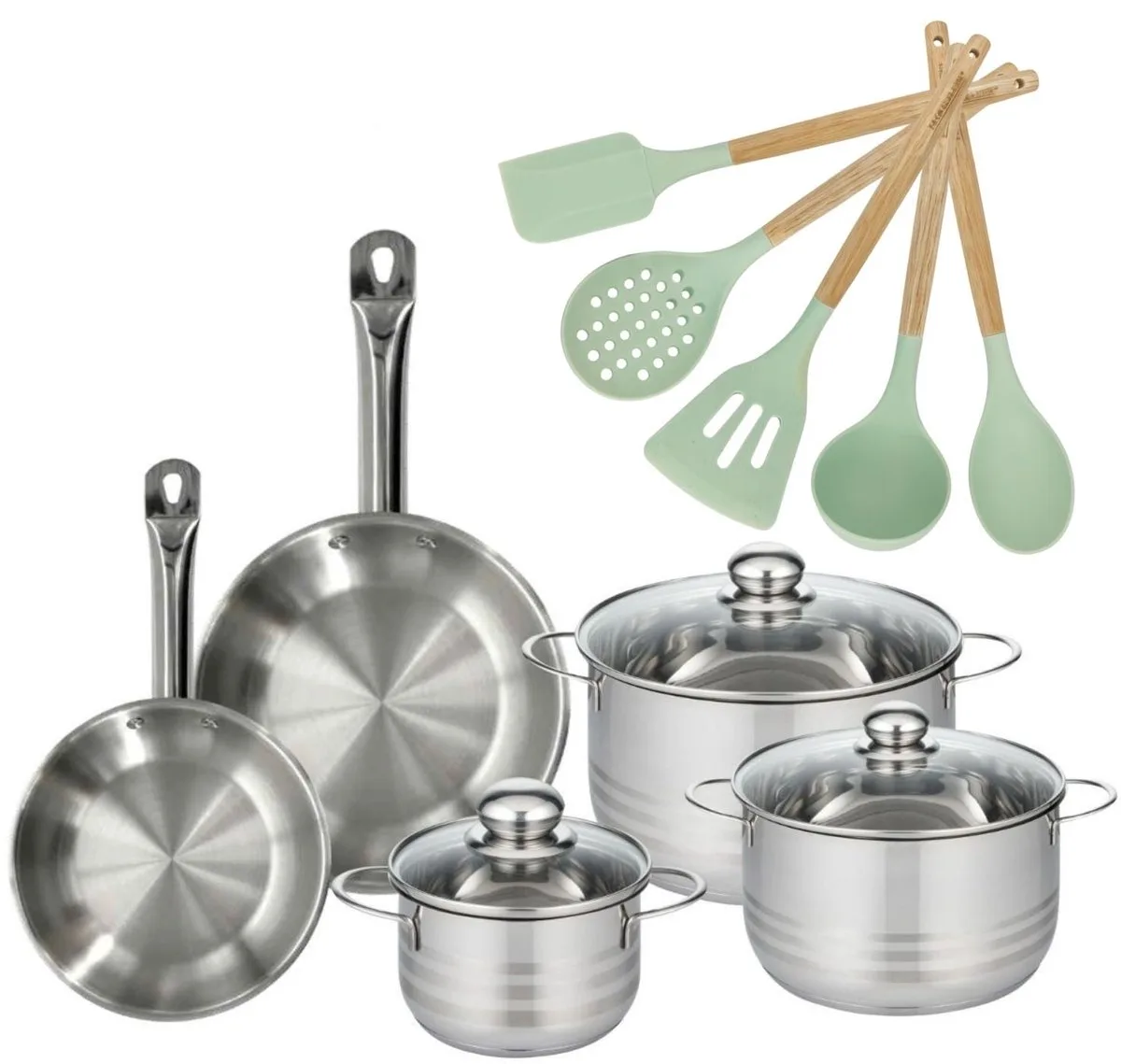 Set van 2 Pannen 20/24cm en 3 Kookpotten 16/20/24cm Fackelmann Etherna met 5 keukengerei de Fackelmann en Roestvrij staal – photo produit
