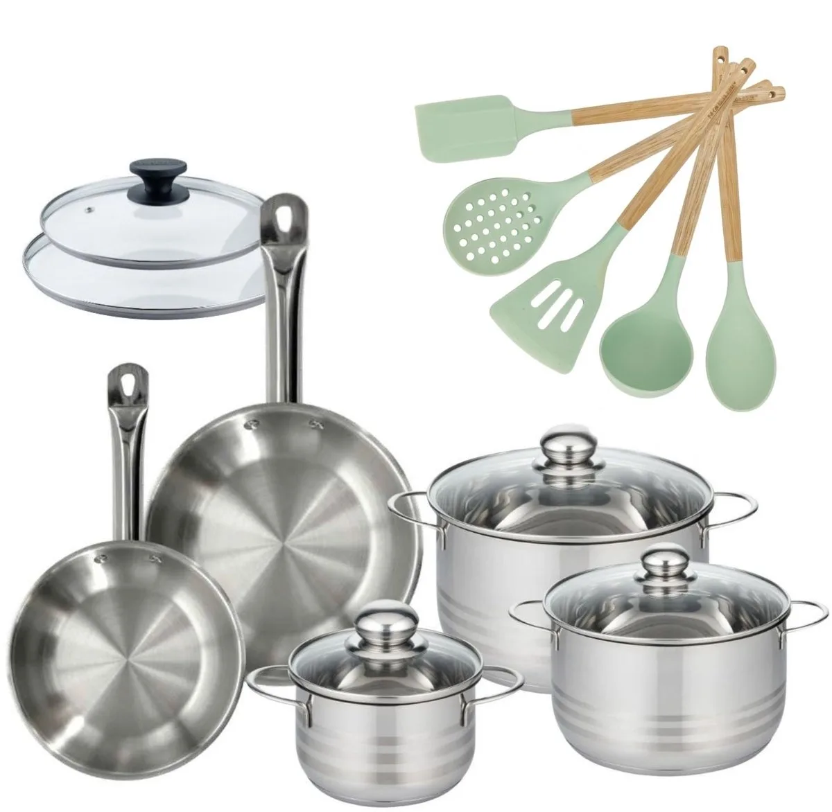 Set van 2 Pannen 20/24cm en 3 Kookpotten 16/20/24cm Fackelmann Etherna met 5 keukengerei de Fackelmann en Roestvrij staal – photo produit