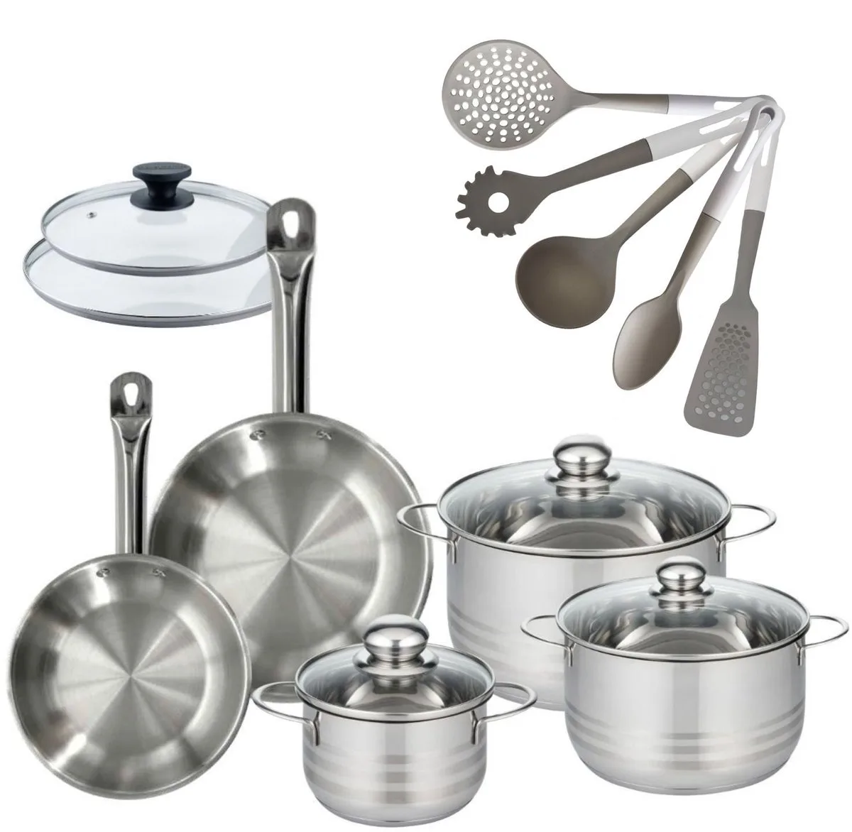 Set van 2 Pannen 20/24cm Fackelmann Eterna met 3 Braadpannen 16/20/24cm en 5 keukengerei de Fackelmann en Gris – photo produit