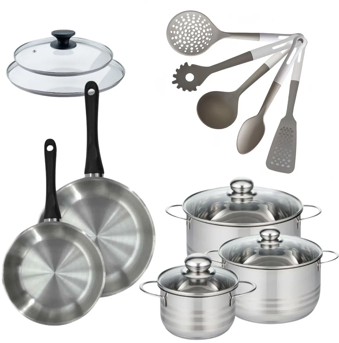 Set van 2 Pannen 20/24cm Fackelmann Geneva met 3 Braadpannen 16/20/24cm en 5 keukengerei från Fackelmann i Roestvrij staal, Svart – produktbild
