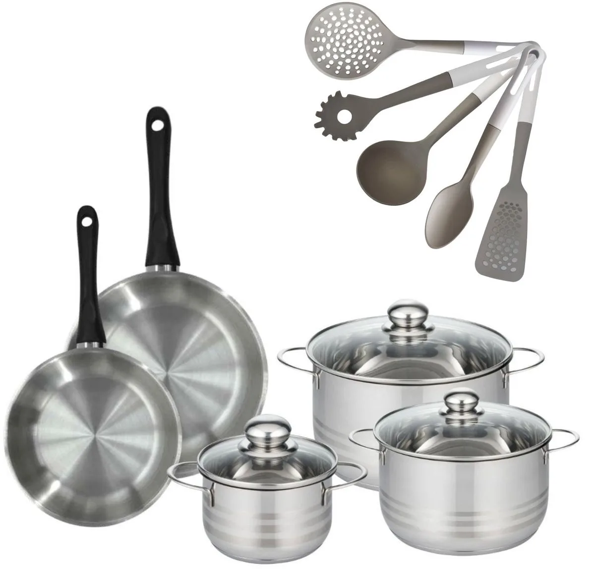 Set van 2 Pannen 20/24cm Fackelmann Geneva met 3 Braadpannen 16/20/24cm en 5 Keukengerei fra Fackelmann i Roestvrij staal, Sort – produktbillede
