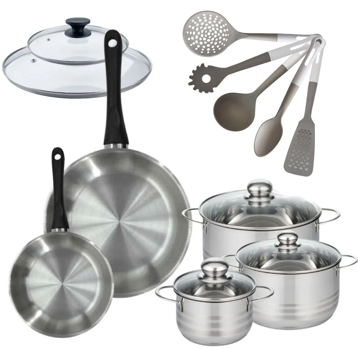 Set van 2 Pannen 20/28 cm Fackelmann Geneva met 3 Braadpannen 16/20/24 cm en 5 keukengerei van Fackelmann in Roestvrij staal, Zwart – productfoto