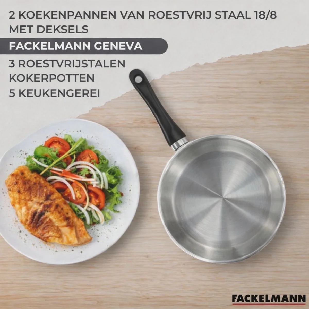 Set van 2 pannen 20, 28 cm roestvrij staal, glazen deksels, 3 roestvrijstalen braadpannen 16, 20 en 24 cm en 6 roestvrijstalen Oxford keukengerei Fackelmann Geneva fra Fackelmann i Roestvrij staal, Sort – produktbillede