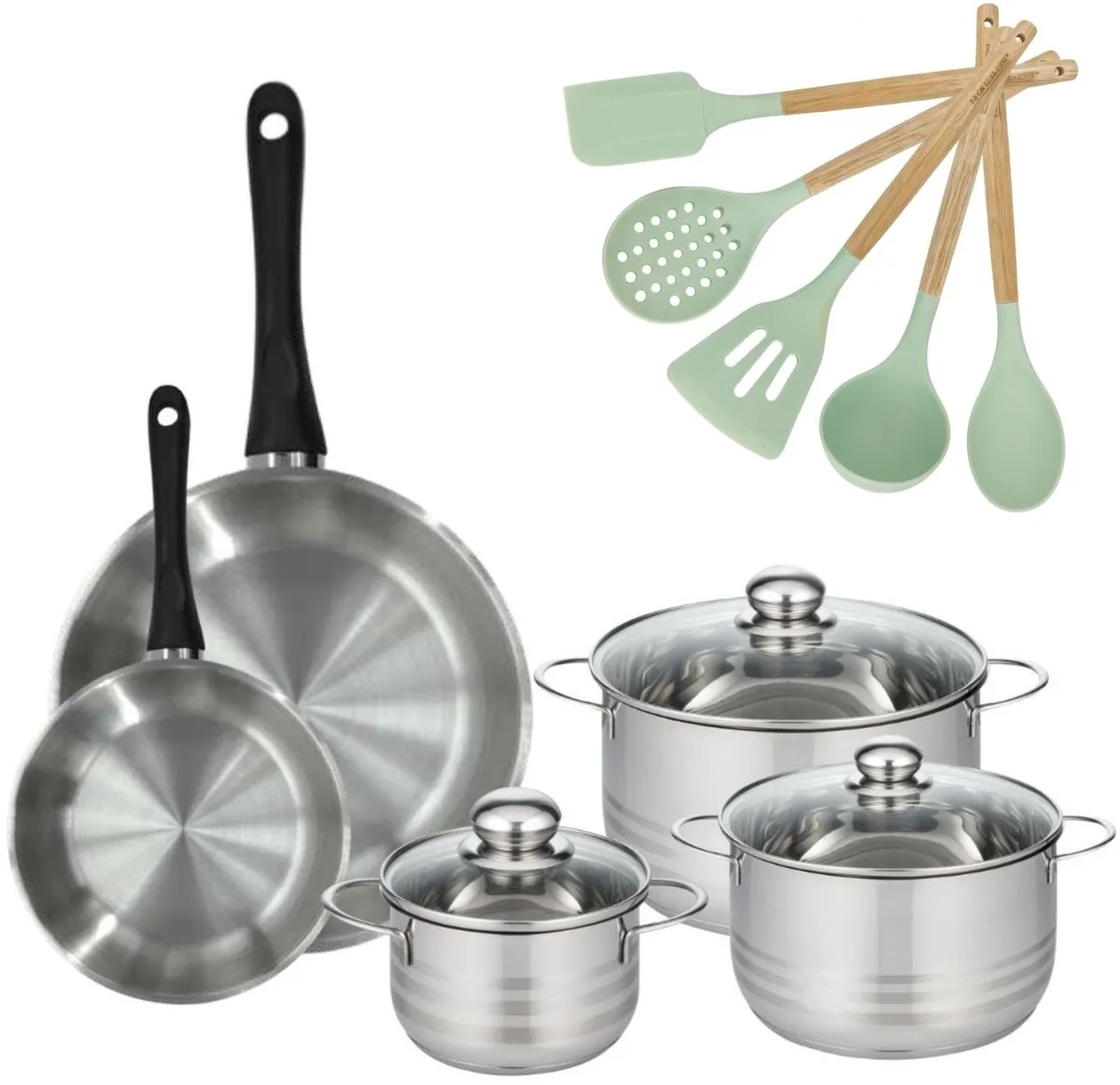 Set van 2 Pannen 20/28cm en 3 Kookpotten 16/20/24cm Fackelmann Genève met 5 Ocean keukengerei de Fackelmann en Inox, Noir – photo produit
