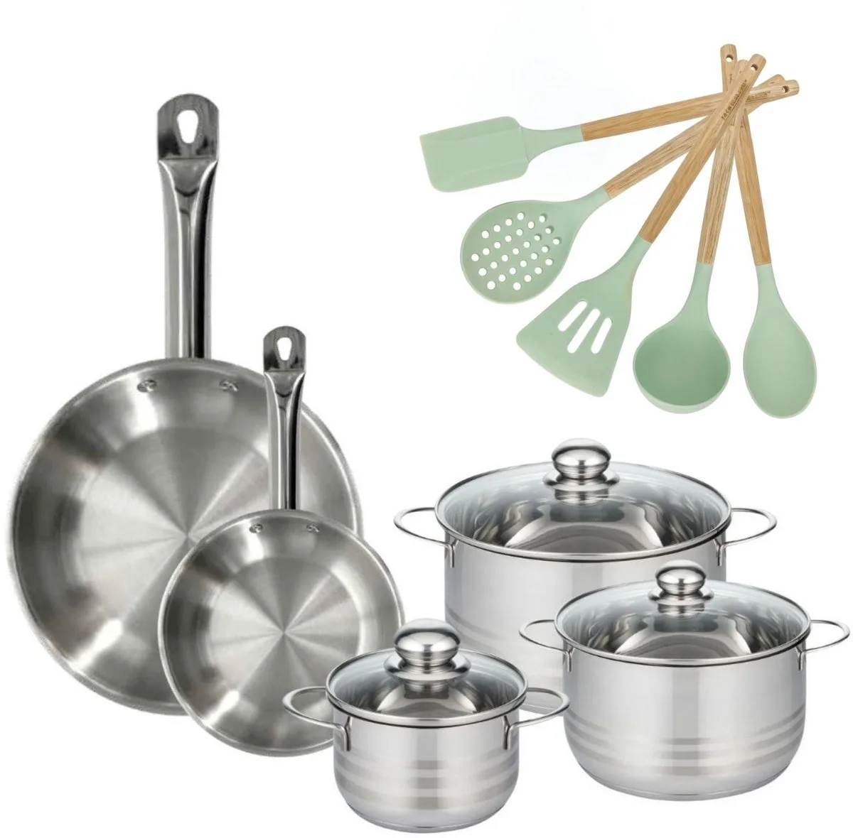 Set van 2 Pannen 20/28cm en 3 Kookpotten 16/20/24cm Fackelmann Etherna met 5 keukengerei de Fackelmann en Roestvrij staal – photo produit