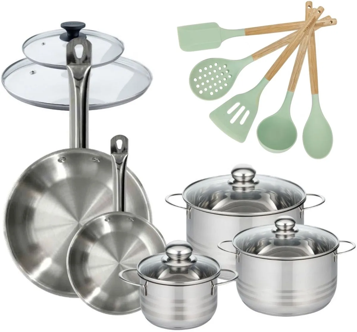Set van 2 Pannen 20/28cm en 3 Kookpotten 16/20/24cm Fackelmann Etherna met 5 Ocean keukengerei de Fackelmann en Roestvrij staal – photo produit