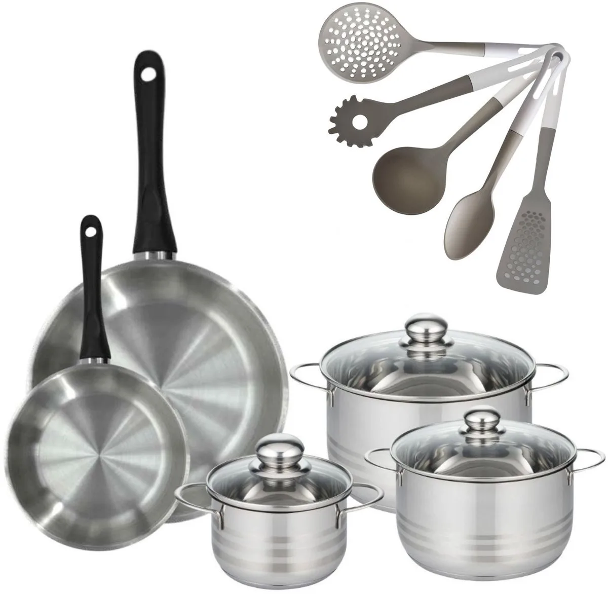 Set van 2 Pannen 20/28cm Fackelmann Geneva en 3 Kookpotten 16/20/24cm met 5 Fackelmann keukengerei von Fackelmann in Roestvrij staal, Schwarz – Produktfoto