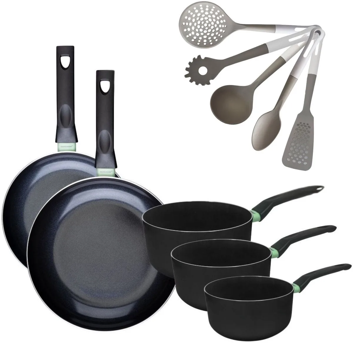 Set van 2 Pannen 24/28 cm & 3 Kookpotten 16/18/20 cm Fackelmann Brandao met 5 Vario keukengerei van Fackelmann in Zwart, Groen – productfoto