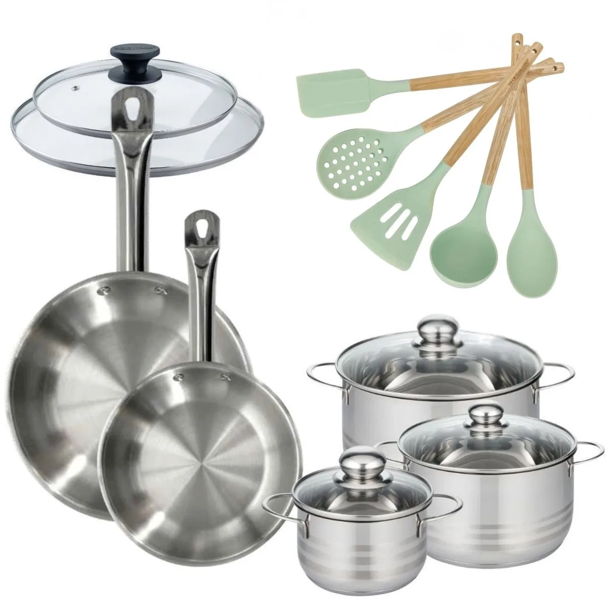 Set van 2 Pannen 24/28cm en 3 Kookpotten 16/20/24cm Fackelmann Etherna met 5 keukengerei van Fackelmann in Roestvrij staal – productfoto