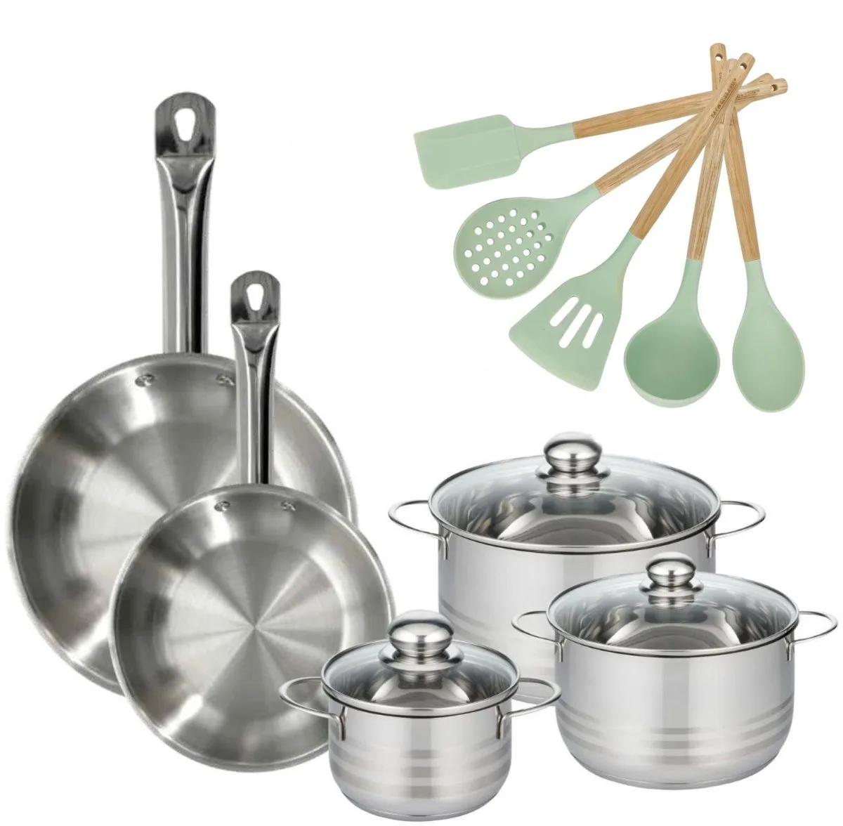Set van 2 pannen 24/28cm en 3 kookpotten 16/20/24cm Fackelmann Etherna met 5 keukengerei van Fackelmann in Roestvrij staal – productfoto