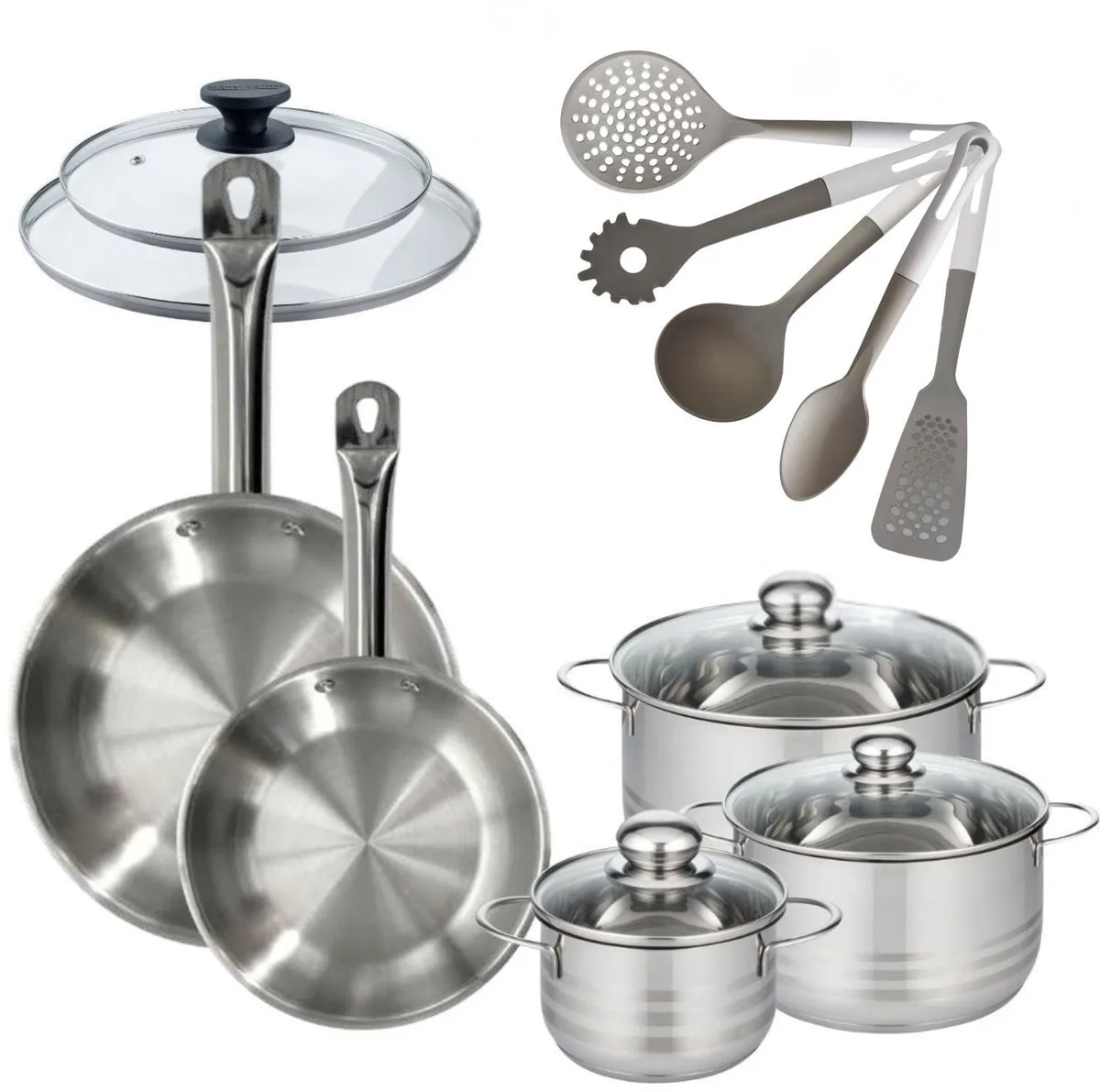 Set van 2 Pannen 24/28cm Fackelmann Eterna met 3 Kookpotten 16/20/24 cm en 5 Fackelmann keukengerei de Fackelmann en Roestvrij staal – photo produit