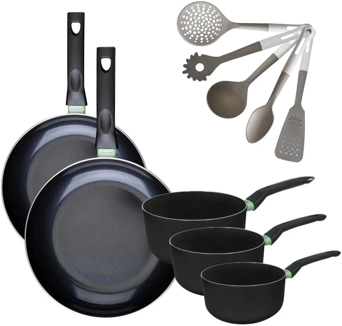 Set van 2 Pannen 28/30 cm en 3 Kookpotten 16/18/20 cm Fackelmann Brandao met 5 Vario keukengerei van Fackelmann in Zwart, Groen – productfoto