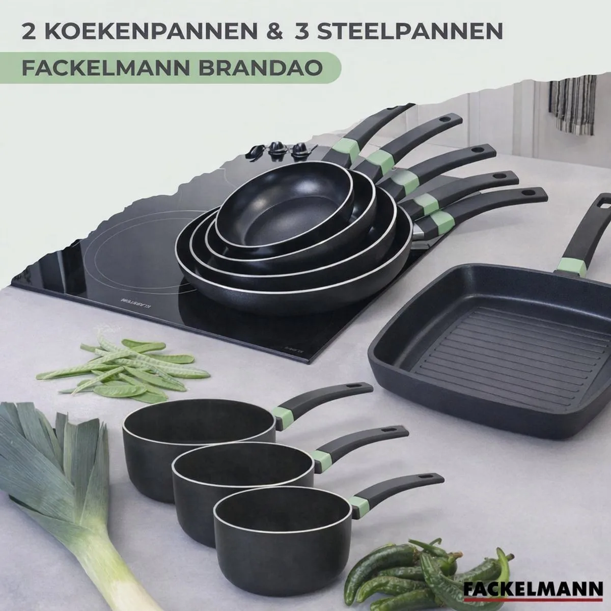 Set van 2 pannen van 16 en 20 cm en 3 steelpannen van 16, 18 en 20 cm Fackelmann Brandao de Fackelmann en Noir, Vert – photo produit