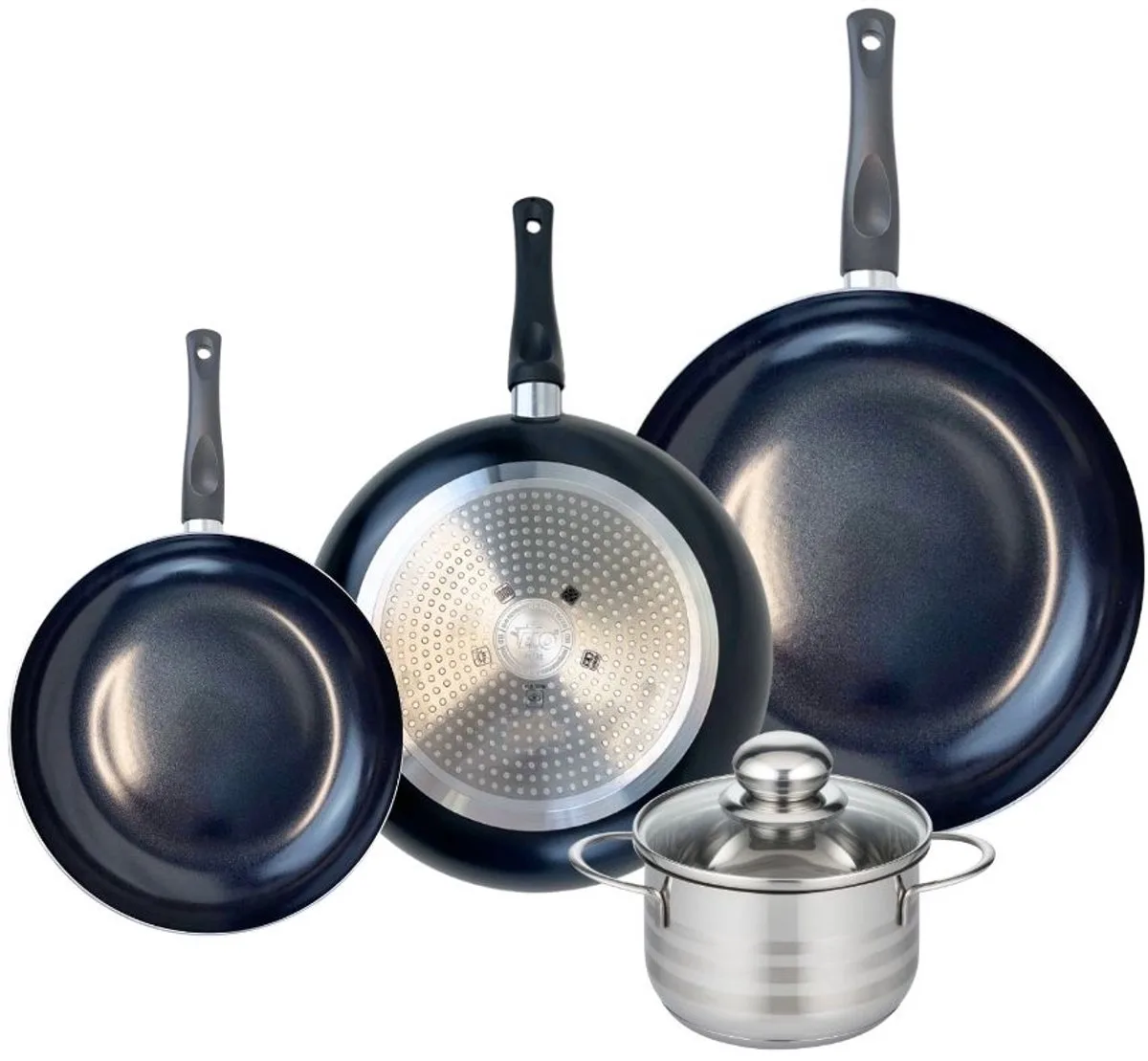 Set van 3 Koekenpannen 20, 24 en 28 cm en 1 braadpan 14 cm Elo Prima Brillant von Fackelmann in Schwarz – Produktfoto