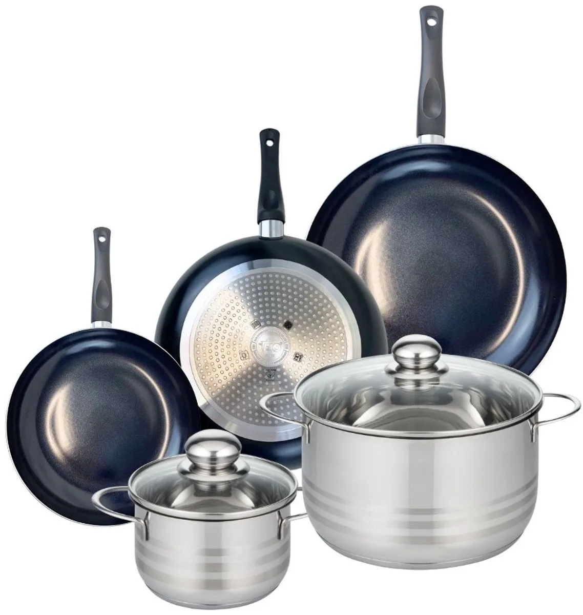 Set van 3 Koekenpannen 20, 24 en 28 cm en 2 braadpannen 16 en 24 cm Elo Prima Glanzend by Fackelmann in Black – product photo
